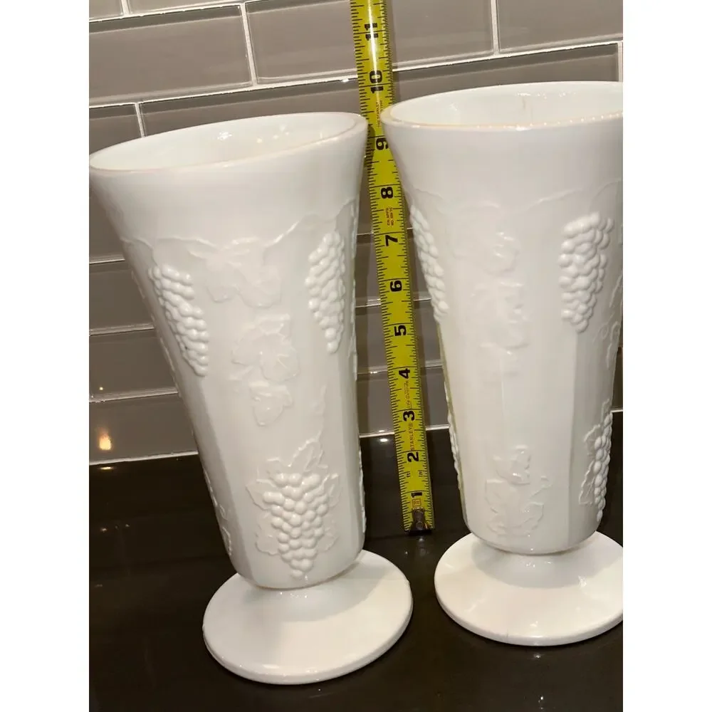 Set of 2 Vintage 10” Indiana Glass Colony Harvest Grape Milk Glass Vase